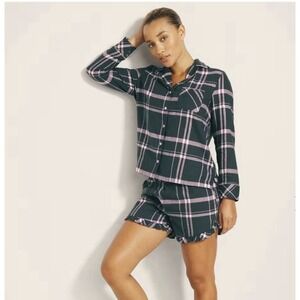 Soma Pajama PJ Set Size L Green Aspen Plaid Flannel Button Up Top & Shorts NWT